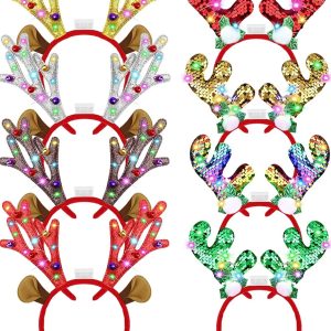 Aneco Assorted LED Christmas Reindeer Headbands – 3 Light Up Modes – 8 Assorted Styles – Item #5848-3495