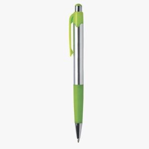 Mardi Gras Style Retractable Pen – Chrome Barrel with Green Rubber Grip – Writes in Blue ink