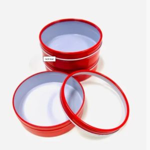 Mimi Pack 8 oz Tins – Shallow Round Tins with Clear Window Lids – Red – Item #5821