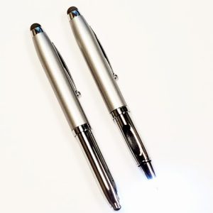 SMART LED PEN –Triple Function Light-Up LED Pull Cap Metal Ballpoint Pens With Stylus – Silver